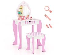 Gymax Kids Vanity Dressing Table With Chair & Drawer 2-in-1 Desk With Mirror in Pink Gymax Pink