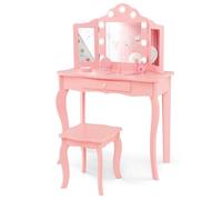 GYMAX Kids Vanity Table and Stool Set, 2-in-1 Children Dressing Table with Detachable Tri-Folding Mirror, 3-Color LED Lights, Drawer, Wooden Princess Makeup Table for 3+ Years Old (Pink)