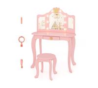 Gymax Kids Vanity Table & Chair Set With Tri-folding Mirror Adjustable Light in Pink Gymax Pink