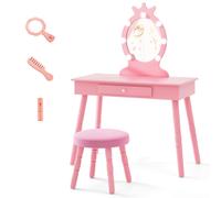 Gymax Kids Vanity Table Set With Stool Dressing Table With Light & Drawer in Pink Gymax Pink