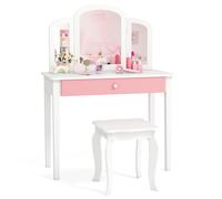 Gymax Kids Vanity Table & Stool Set Princess Makeup Dressing Table With Drawer in White Gymax White