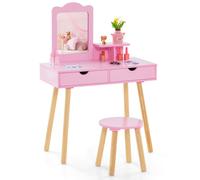 Gymax Kids Wood Vanity Dressing Table & Stool with Mirror & 2 Large Drawer in Pink Gymax Pink