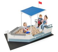 GYMAX Kids Wooden Sandbox, Pirate Ship Sandpit with Bench Seat, Hidden Storage, Canopy, Flag, Rudder & Bottom Liner, Outdoor Sand Pit for Backyard Garden Beach