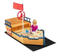 GYMAX Kids Wooden Sandbox, Pirate Ship Sandpit with Bench Seats, Hidden Storage, Flag, Rudder & Non-woven Fabric Liner, Garden Sand Pit for Children