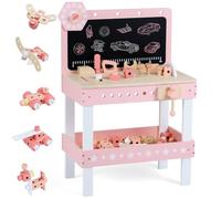 GYMAX Kids Workbench, Wooden Play Workbench (Pink+White) | with Blackboard, Storage Shelf, Tool & Parts Set, Children Toy Tool Bench for 3 Years Old + Boys Girls (75 PCS; 50x29x73cm)