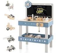 GYMAX Kids Workbench, Wooden Play Workbench with Blackboard, Storage Shelf, Tool & Parts Set, Children Toy Tool Bench for 3 Years Old + Boys Girls (Grey+Blue, 75 PCS:50x29x73cm)