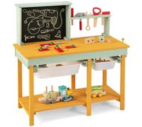 GYMAX Kids Workbench, Wooden Play Workbench with Chalkboard, Storage Shelf, 2 Drawers, Tool & Parts Set, Toy Tool Bench for 3-8 Years Old Boys Girls