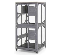 GYMAX Large Cat House, Wooden Cat Enclosure on Wheels with Weatherproof Asphalt Roof, Doors, Platforms and Resting Box, Indoor Outdoor Kitty Catio Pet Shelter (80 x 76 x 163cm)
