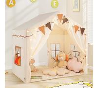 GYMAX Large Kids Tent, Play Tent with Cotton Mat, Star Lights, Flags, 2 Doors and Windows, Outdoor Indoor Children Playhouse for 3 Years Old+, 136x94x134cm (Beige)