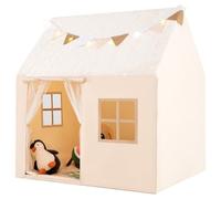 GYMAX Large Kids Tent, Play Tent with Padded Mat, Glow in the Dark Stars, Star Lights, Flags, Gauze Curtains & Windows, Indoor Children Playhouse for 3-14 Years Old, 119x104x129cm (Beige)