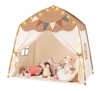 GYMAX Large Kids Tent, Toddler Play Tent with Flags and Globe String Lights, Outdoor Indoor Children Playhouse for 3-12 Years Old, 157x98x148cm (Beige + Coffee)