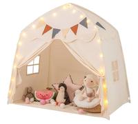 GYMAX Large Kids Tent, Toddler Play Tent with Flags and Globe String Lights, Outdoor Indoor Children Playhouse for 3-12 Years Old, 157x98x148cm (Beige)