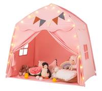 GYMAX Large Kids Tent, Toddler Play Tent with Flags and Globe String Lights, Outdoor Indoor Children Playhouse for 3-12 Years Old, 157x98x148cm (Pink)