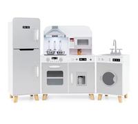 GYMAX Large Play Kitchen, Modular Kids Kitchen with Range Hood, Washing Machine, Ice Maker, Microwave, Refrigerator, Lights, Sounds, Sink and Cookware, Wooden Toy Kitchen for 3+ (Gray)