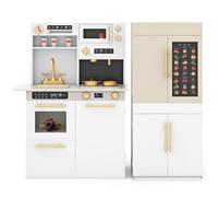 GYMAX Large Play Kitchen, Modular Toy Kitchen with Refrigerator, Coffee Machine, Microwave, Stove, Talking Wall Chart, Lights & Sounds, Kids Cooking Role Playset for 3+ Years Old