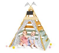 GYMAX Large Teepee Tent, Wooden Play Tent with Removable Chalkboard, Washable Flags and Door Curtains, Outdoor Indoor Kids Teepee for 3-8 Years Old Boys Girls, 136x135x170cm