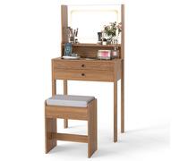 Gymax Makeup Table Vanity Desk With Mirror & Lights Cushioned Stool Set in Light Brown Gymax Light Brown