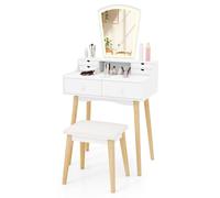 Gymax Mirror Dressing Table & Chair Set Vanity Desk With Lights 6 Drawers in White Gymax White