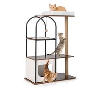 GYMAX Modern Cat Tree, 118cm Tall Cat Tower with Top Perch, Wooden Cat Condo, Scratching Posts, Sisal Board & Hanging Ball, Metal Frame Multi-level Cat Play Center for Kitten Play & Rest (White)