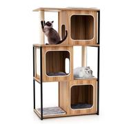 GYMAX Modern Cat Tree, 133cm Tall Cat Tower with Wooden Condo, Scratching Posts & Sisal Board and Removable Cushions, Metal Frame Multi-level Pet Play Center