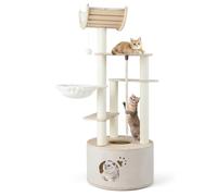 GYMAX Modern Cat Tree, 141cm Tall Cat Climbing Tower with Scratching Posts, Condo, Curved Perch, Hanging Ball & Rope, Heavy-Duty Wooden Kitty Activity Furniture for Indoor Kittens