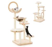 GYMAX Modern Cat Tree, Solid Wood Cat Tower with Capsule Nest, Scratching Posts & Padded Platform & Hanging Toy, Multi-level Cat Play Center for Kitten Play & Rest
