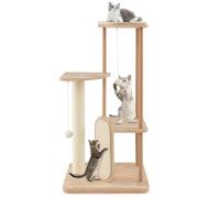 GYMAX Modern Cat Tree, Solid Wood Cat Tower with Scratching Posts & Board, Padded Perch and Hanging Toys, Simple Multi-level Cat Play Center for Kitten Play & Rest (114cm)