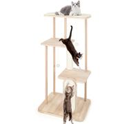 GYMAX Modern Cat Tree, Solid Wood Cat Tower with Scratching Posts & Board, Padded Perch and Hanging Toys, Simple Multi-level Cat Play Center for Kitten Play & Rest (126cm)