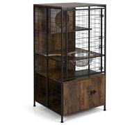 GYMAX Multi-level Cat Cage, Large Cat Enclosure with Cat Bowel, Holes, Storage Cabinet, Lockable Mesh Door & Adjustable Foot Pads, Indoor Wooden Pet Activity Center for Small Animal Ferret Guinea Pig
