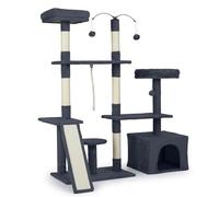 GYMAX Multi-level Cat Tree, 136cm Tall Cat Tower with Sisal Scratching Posts, Ramp, 2 Padded Perches, Large Condo, Dangling Balls and Hanging Rope, Kitty Activity Center for Kitten (Dark Grey)