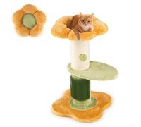GYMAX Multi-level Cat Tree, Flower Cat Tower with Padded Plush Perch, Sisal Scratching Posts, Self Groomer and Hanging Ball, Modern Cute Pet Furniture for Indoor Cats (Yellow+Green+White)