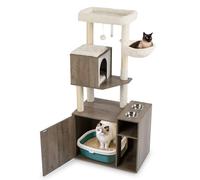 GYMAX Multi-level Cat Tree with Litter Box Enclosure, Wooden Cat Tower with Sisal Scratching Posts & Mat, 2 Feeding Bowls and Dangling Ball, Kitty Activity Center for Indoor Cats (Oak Grey)