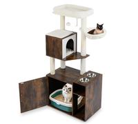 GYMAX Multi-level Cat Tree with Litter Box Enclosure, Wooden Cat Tower with Sisal Scratching Posts & Mat, 2 Feeding Bowls and Dangling Ball, Kitty Activity Center for Indoor Cats (Rustic Brown)