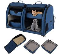 GYMAX Pet Carrier, Soft-sided Portable Cat Dog Travel Crate with 2 Removable Hammocks, 2 Compartments, Dual-use Mats, Litter Box and Carry Bag, Pet Kennel for Small to Large Sized Pets (Navy)