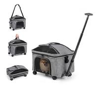 GYMAX Pet Carrier With Wheels, Foldable Soft-sided Dog Travel Crate with Telescopic Handle, Shoulder Strap, Washable Pad, Safety Leash & Storage Pocket, Rolling Cat Carrier (Gray,43 x 33 x 35 cm)