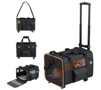 GYMAX Pet Carrier With Wheels, Foldable Soft-sided Dog Travel Crate with Telescopic Handle, Shoulder Strap, Washable Pad, Safety Leash & Storage Pocket, Rolling Cat Carrier (Black,43 x 33 x 32cm)