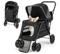 GYMAX Pet Stroller for Small Medium Dogs, Foldable Dog Pram Pushchair with Dual Entry, Ramp, Adjustable Canopy, Safety Belt, 4 Wheels Pet Travel Cart