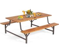 Gymax Picnic Dining Table Bench Set 180CM Rectangular Tabletop Umbrella Hole in Brown Gymax Brown