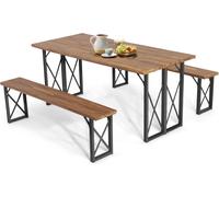 Gymax Picnic Table & Bench Set Outdoor Dining Table 2 Benches Umbrella Hole in Brown Gymax Brown