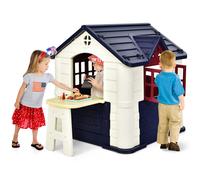 Gymax Playhouse Cottage Pretend Play Center 2 Working Doors Picnic Table in Blue Gymax Blue