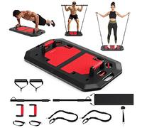 GYMAX Portable Home Gym Equipment, Foldable Push Up Board with Resistance Bands, Handles, Pilates Bar and Ankle Straps, Full Body Workout Strength Training System for Men & Women, Black + Red