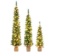 GYMAX Pre-Lit Pencil Christmas Tree Set of 3, 3FT/4FT/5FT Artificial Slim Xmas Tree with Burlap Base, Warm White LED Lights & 85/137/193 Branch Tips, Holiday Decoration Tree for Home Office Shops
