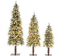 GYMAX Pre-Lit Pencil Christmas Tree Set of 3, Artificial Slim Snowy Xmas Tree with 50/100/150 Warm White LED Lights & 129/231/369 PVC Branch Tips, Holiday Decoration Tree for Home Office Shops