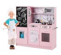 GYMAX Pretend Play Kitchen, Toddler Kitchen Playset with Blackboard, Phone, Microwave, Ice Maker, Dishwasher, Oven, Accessories & Sounds, Wooden Kitchen Toy for 3-6 Years Old (Light Pink)