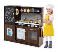 GYMAX Pretend Play Kitchen, Toddler Kitchen Playset with Blackboard, Phone, Microwave, Ice Maker, Dishwasher, Oven, Accessories & Sounds, Wooden Kitchen Toy for 3-6 Years Old (Coffee)