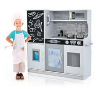 GYMAX Pretend Play Kitchen, Toddler Kitchen Playset with Blackboard, Phone, Microwave, Ice Maker, Dishwasher, Oven, Accessories & Sounds, Wooden Kitchen Toy for 3-6 Years Old (White)