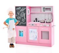 GYMAX Pretend Play Kitchen, Toddler Kitchen Playset with Blackboard, Phone, Microwave, Ice Maker, Dishwasher, Oven, Accessories & Sounds, Wooden Kitchen Toy for 3-6 Years Old (Pink)