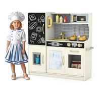 GYMAX Pretend Play Kitchen, Toddler Kitchen Playset with Blackboard, Phone, Microwave, Ice Maker, Dishwasher, Oven, Accessories & Sounds, Wooden Kitchen Toy for 3-6 Years Old (Beige)