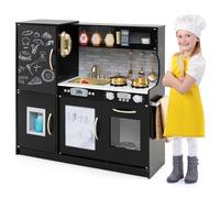 GYMAX Pretend Play Kitchen, Toddler Kitchen Playset with Blackboard, Phone, Microwave, Ice Maker, Dishwasher, Oven, Accessories & Sounds, Wooden Kitchen Toy for 3-6 Years Old (Black)