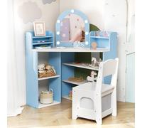 Gymax Princess Vanity Table & Chair Set Corner Vanity Desk with Lights in Light Blue Gymax Light Blue